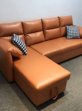 科技布沙发北欧客厅简约转角L型组合两用可变床橙色小户型沙发床