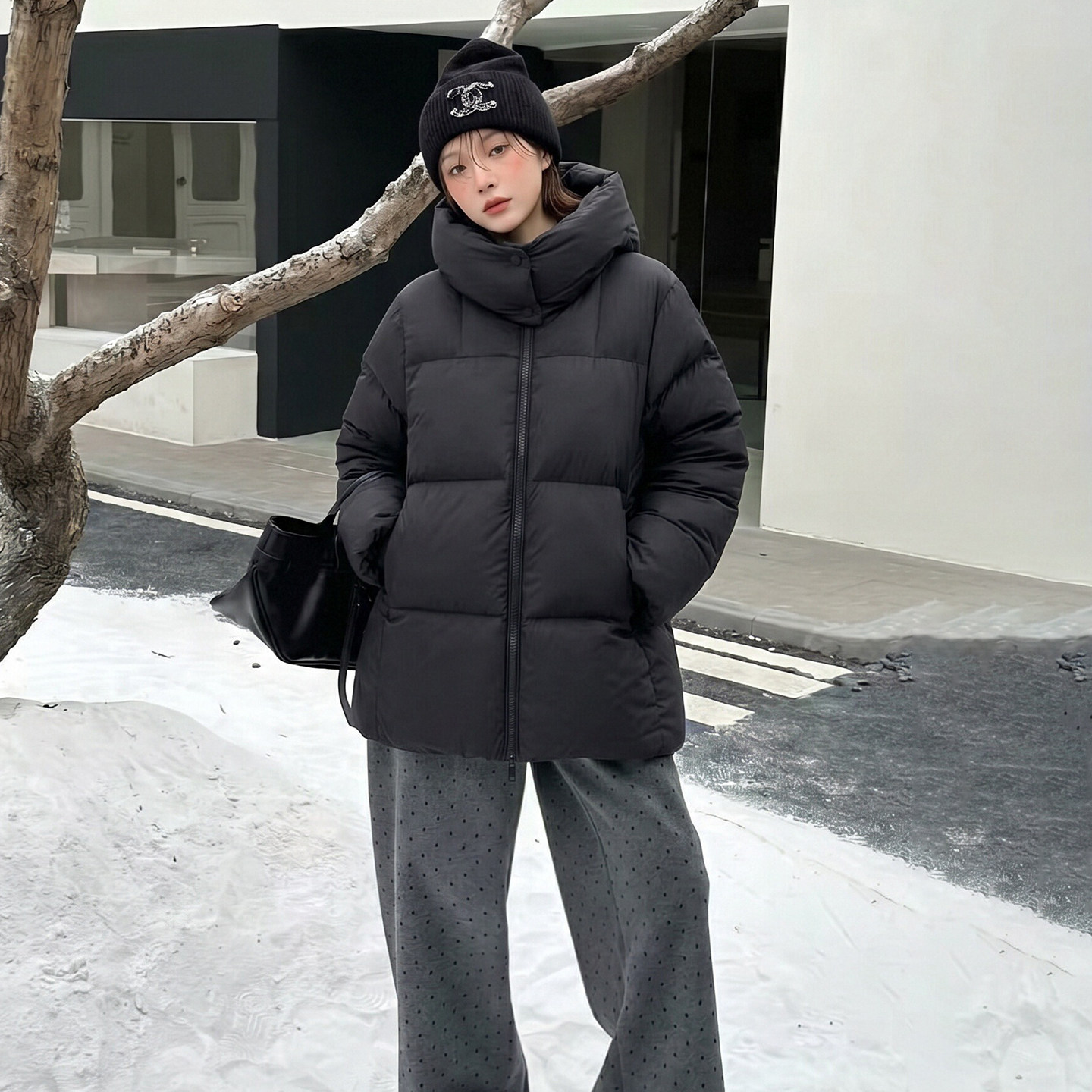 SIYU斯羽 90白鸭绒26冬黑色方格中长款连帽外套显瘦百搭羽绒服女