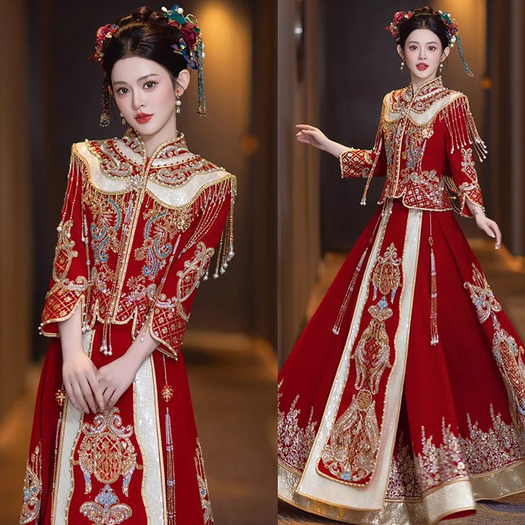 奢华丝绒秀禾服珠绣2025新款凤冠霞帔新娘结婚中式礼服重工出阁服