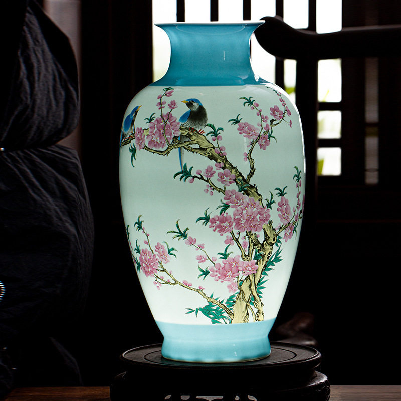 新中式景德镇陶瓷花瓶客厅插花瓶水点桃花瓷器装饰品家居饰品摆件