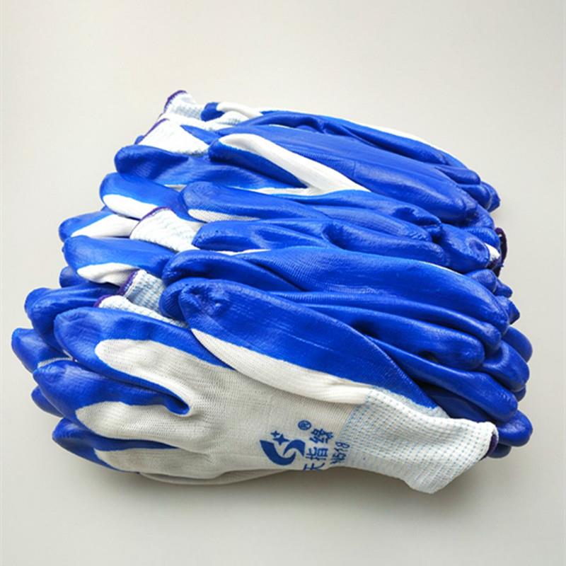 现货天指缘N518十三针尼龙工地干活蓝胶丁腈涂胶浸胶防护劳保手套