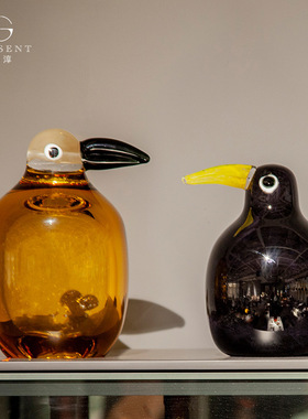 晶淳 厚重款彩色小鸟桌面摆件 琥珀色黑色复古撞色吹制玻璃工艺品