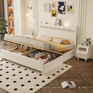 白色家用主卧大床现代简约1米8的床加床垫高箱储物双人床纯实木床