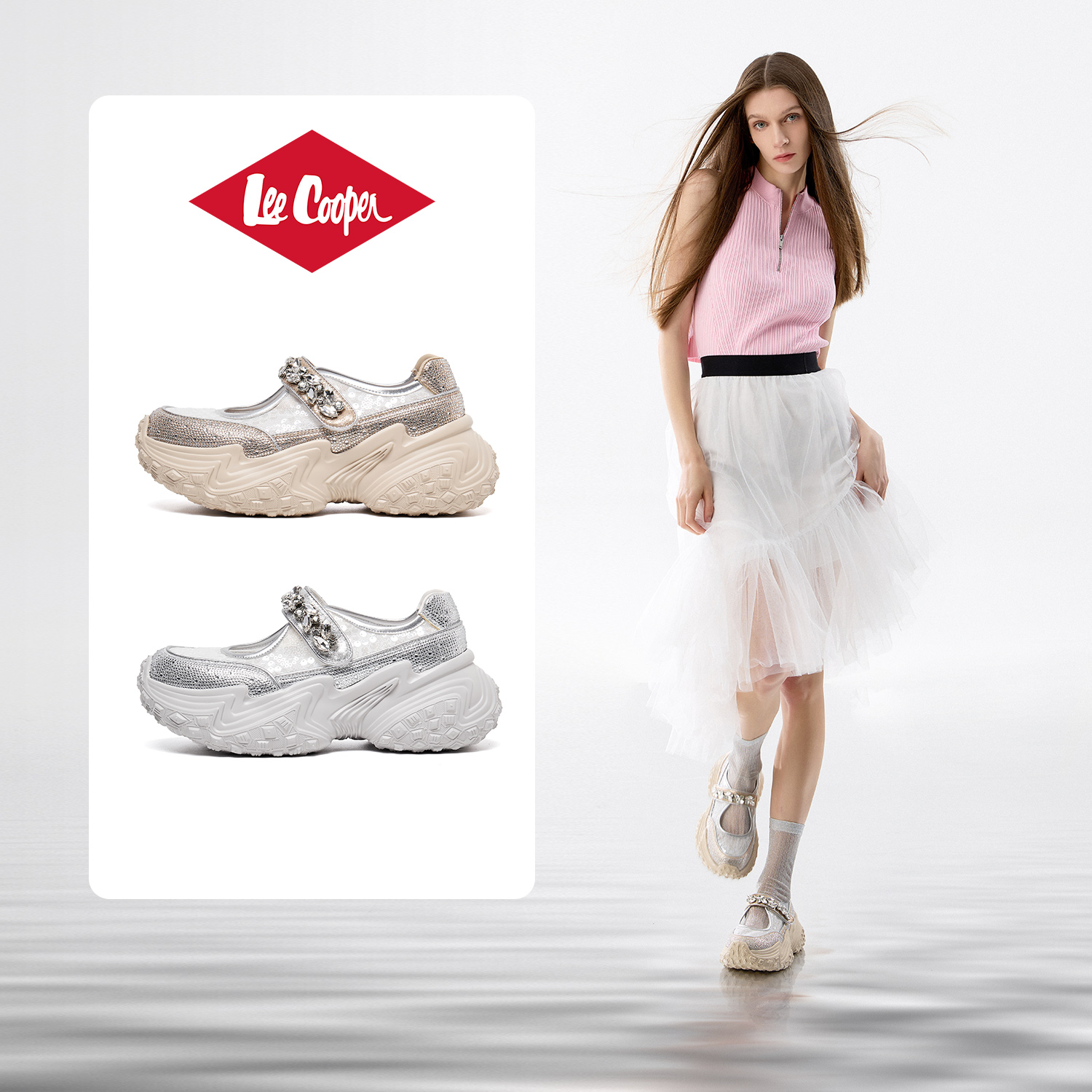 Lee Cooper时尚厚底凉鞋女款2025新款夏季潮流水钻增高低帮休闲鞋