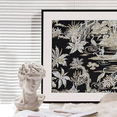 渔舟晚庭法式复古小众艺术挂画中古风玄关画新中式卧室床头画