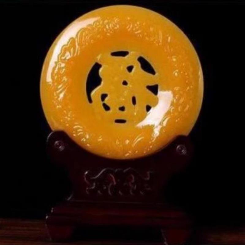 米黄玉福字平安扣摆件 家居装饰办公缕空福字黄玉平安扣玉摆件