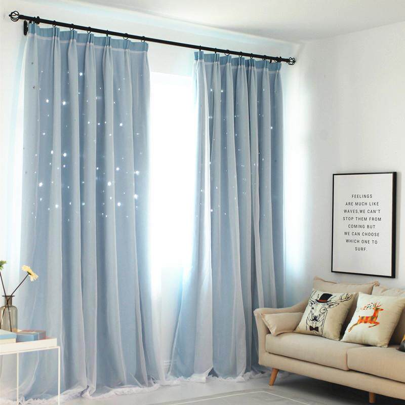 xyt韩式双层遮光镂空星星窗帘公主风粉色带纱帘窗帘卧室窗帘成品