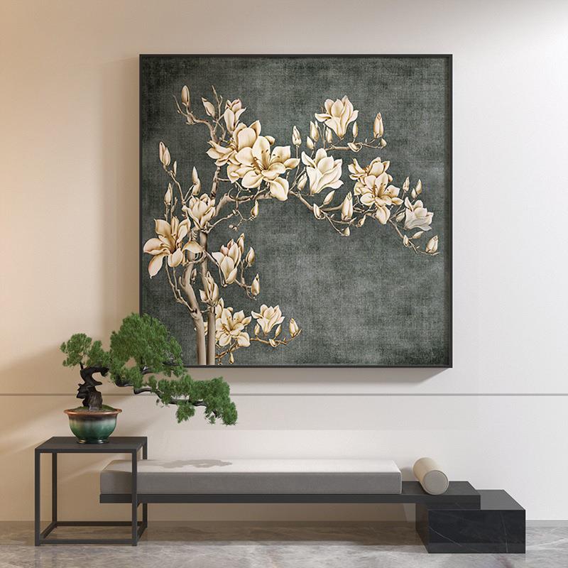 中式酒店挂画壁画餐厅玄关新客厅古典中国复古装饰画方形玉兰花风
