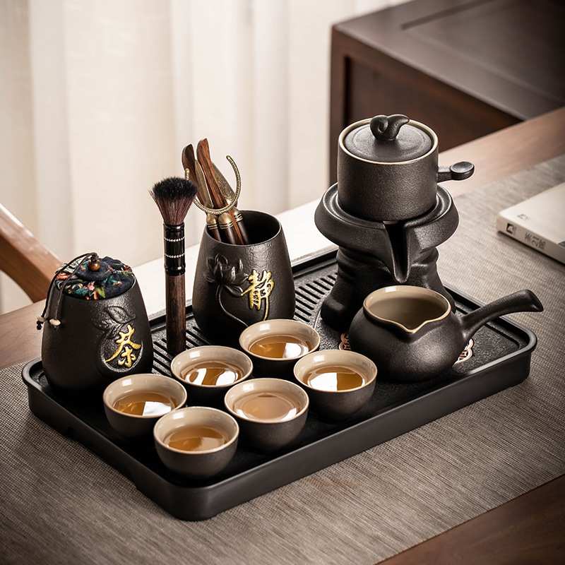 黑陶懒人自动茶具小套装家用石磨茶壶办公室全套功夫泡茶神器茶盘