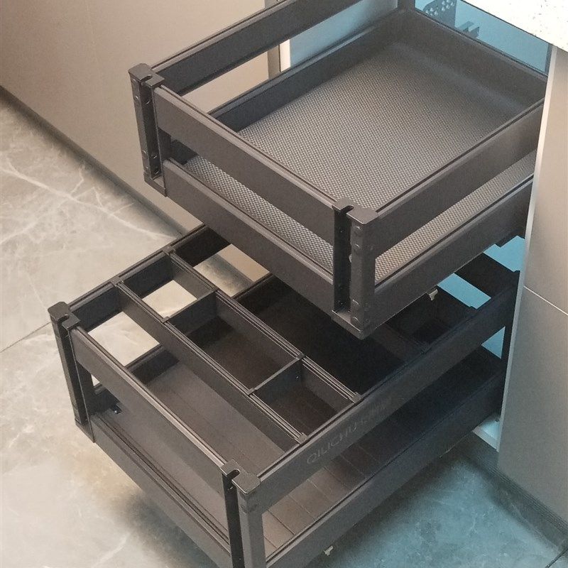 厨房橱柜调味拉篮抽屉式阻尼缓冲调料篮铝合金不生锈分割条可移拆