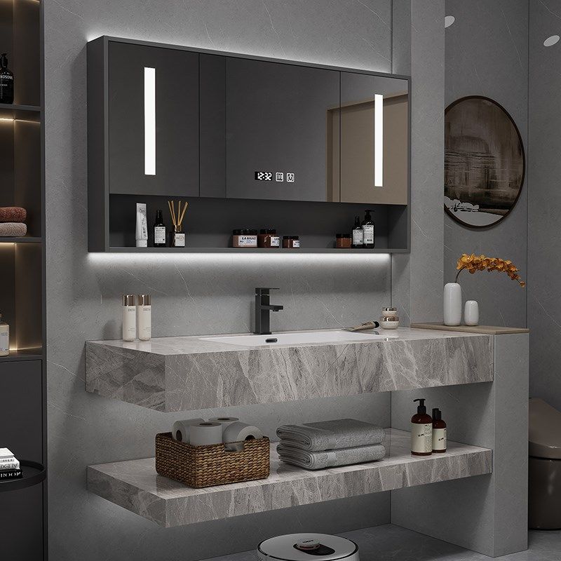 简约现代双层岩板陶瓷无缝洗脸盆柜组合卫生间洗漱台洗手池盆套装