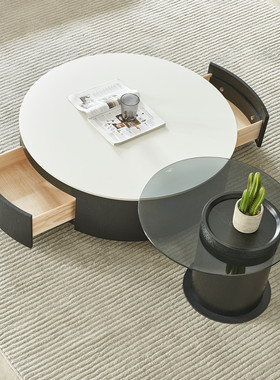 2022年款纯黑色白色岩板圆形茶几轻奢简约钢化玻璃边几Z高级感茶