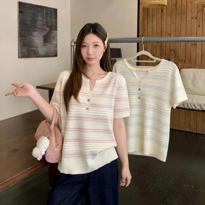 韩系大码条纹显瘦针织打底衫