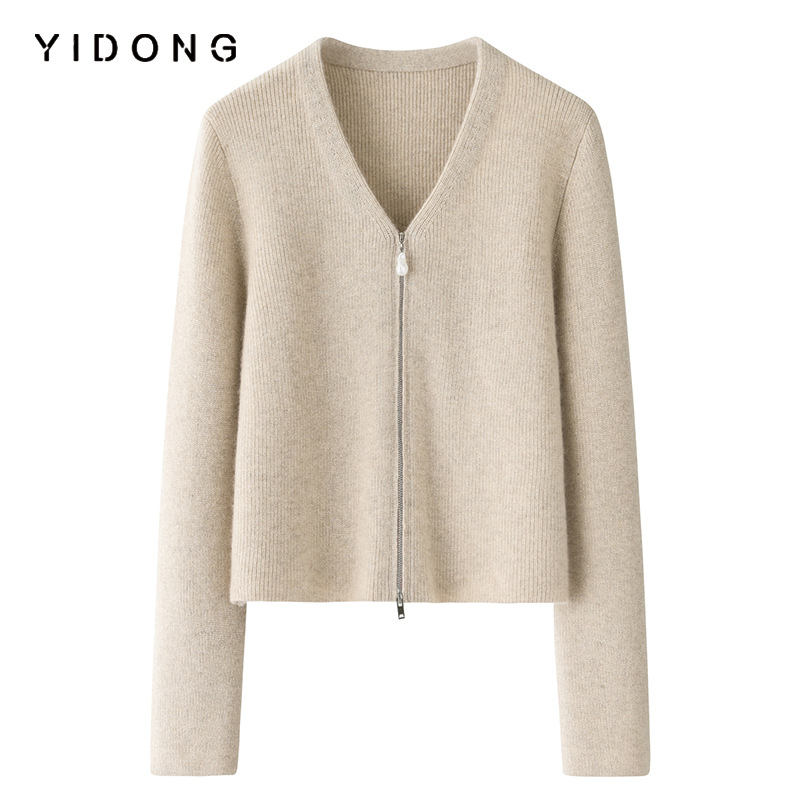 短款12针元宝针V领山羊绒开衫