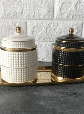 出口金色烛台收纳摆件棉签罐储物罐糖果盒收纳罐家居装饰潮品摆件