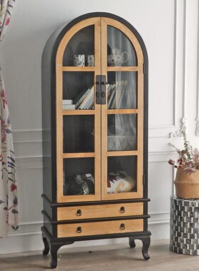 GZ048 法式乡村风黑色做旧木色混搭客厅书柜边柜U储物展示柜餐边