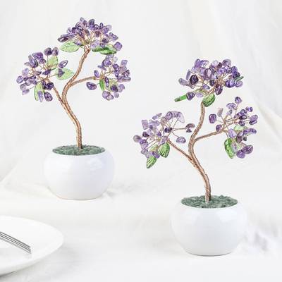 捷克玻璃叶子水晶碎石发财树配陶瓷花盆底座创意工艺品水晶树摆件