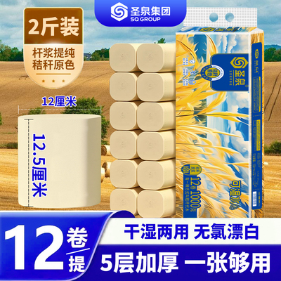 圣泉云感柔肤加厚立体压花卷纸厕纸家用实惠卫生纸无芯5层12卷/提