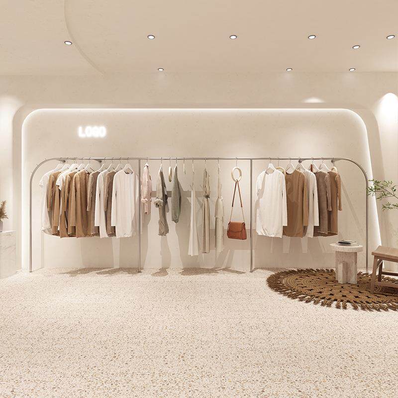 服装店展示架上墙壁挂式衣服架子男女装店不锈钢拉丝银色陈列货架