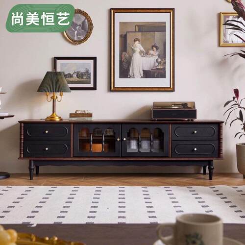 法式复古实木茶几电视柜黑色美式客厅落地储物柜收纳网红新款柜子