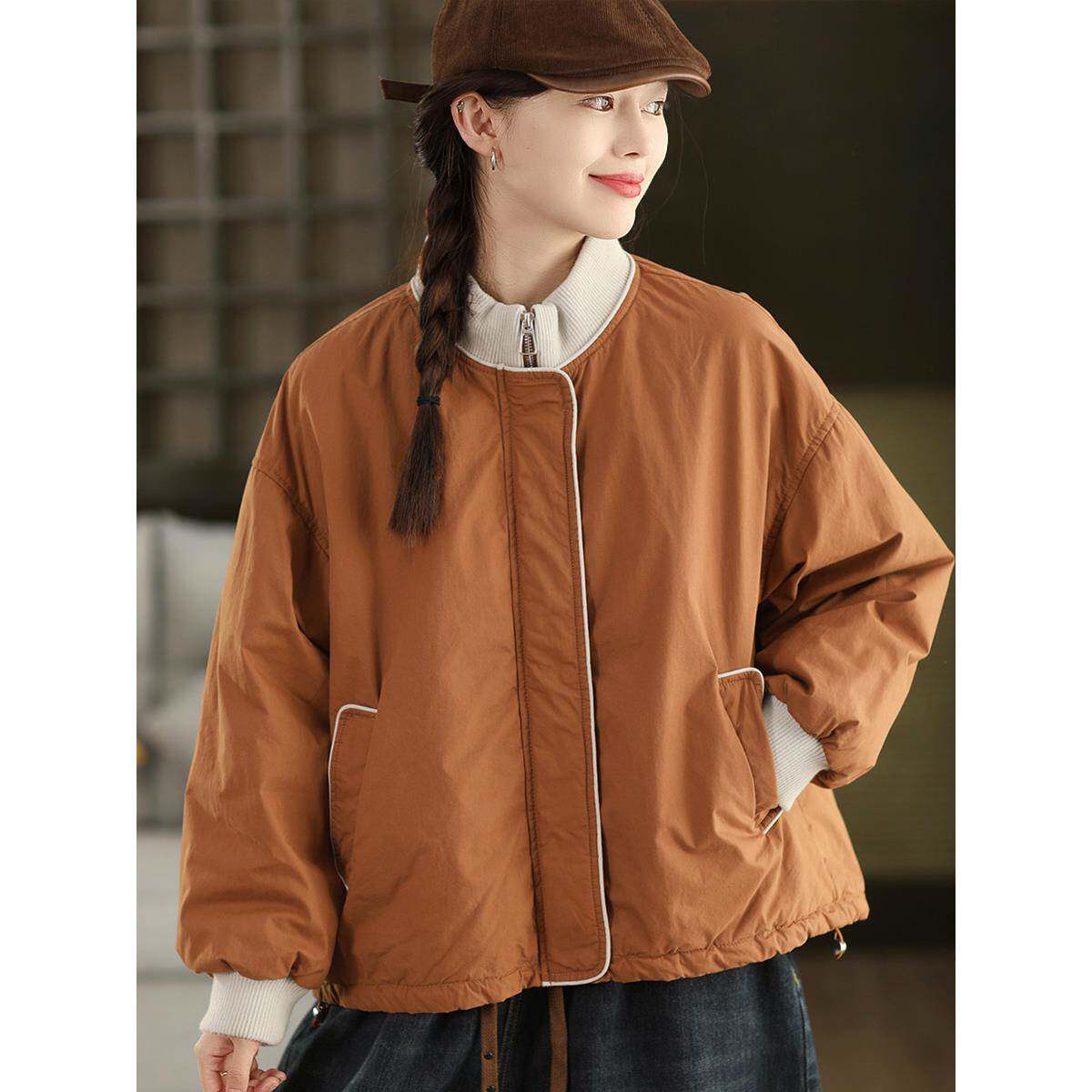 园园美衣覆古全棉夹棉外套女拼色螺纹领长袖加厚棉衣秋冬保暖棉袄