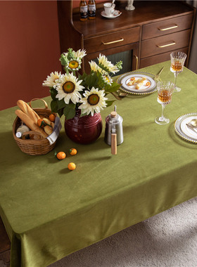 茶绿色丝绒桌布家用餐桌长方形圆桌布复古轻奢高T级感茶几台布定
