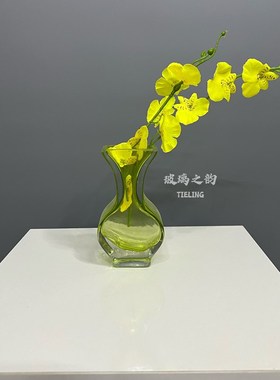 中古琉璃花瓶几何形透明绿色台面瓶R设计感家居装饰