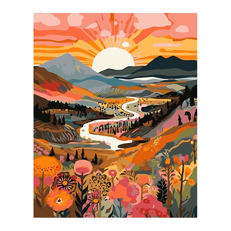 数字油画diy填充n多巴胺色太阳升起风景画系手工填色油彩画画