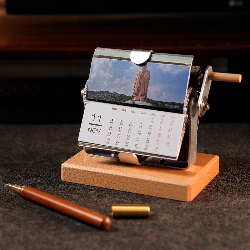 复古桌面摆件机械手摇实木翻页翻转日历台历宣传相册企业定制创意