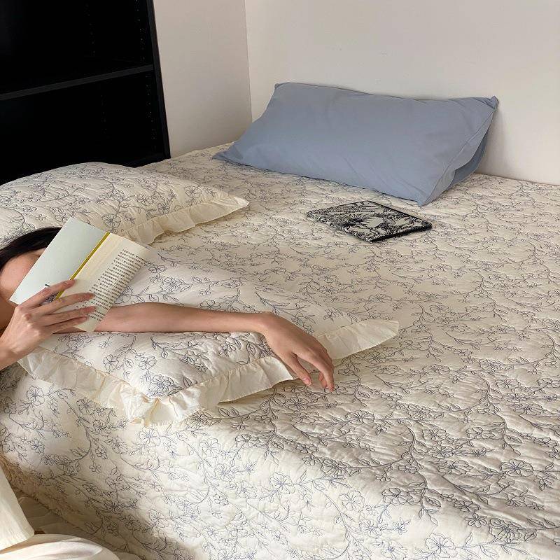 新中式双面全棉绗缝夹棉床盖被套四件套四季可用植物花卉炕盖床单