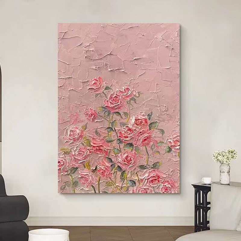 手绘油画奶油风玫瑰花客厅玄关装饰画粉色立体肌理画卧室儿童房画