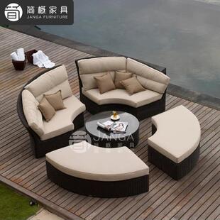 户外别墅露台泳池沙发躺床休闲花园藤编大圆床露天日光浴躺椅防水