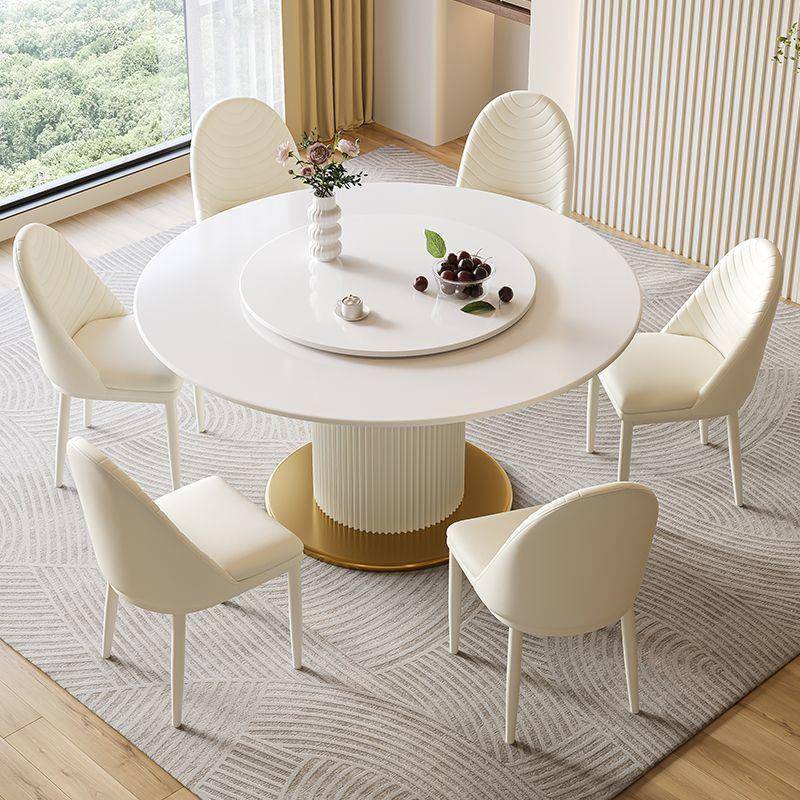 意式极简奶油风岩板圆吃饭桌子家用小户型现代简约带转盘餐桌