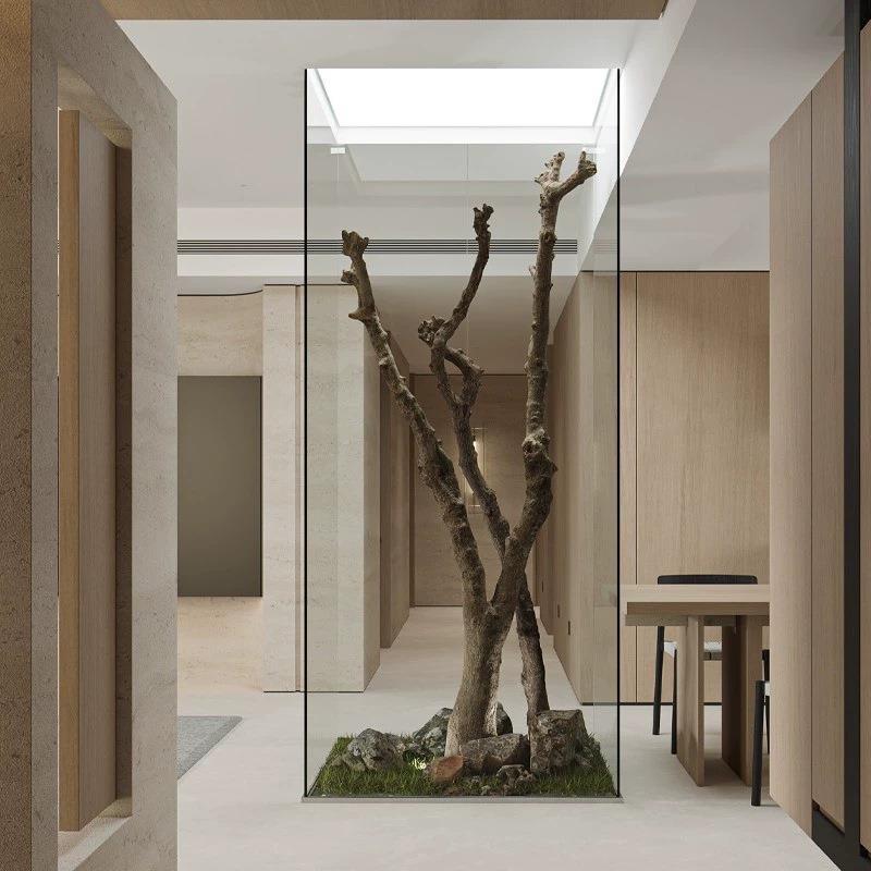 大型枯木造景办公楼空间装饰软装搭配真树杆室内外高级感仿真植物