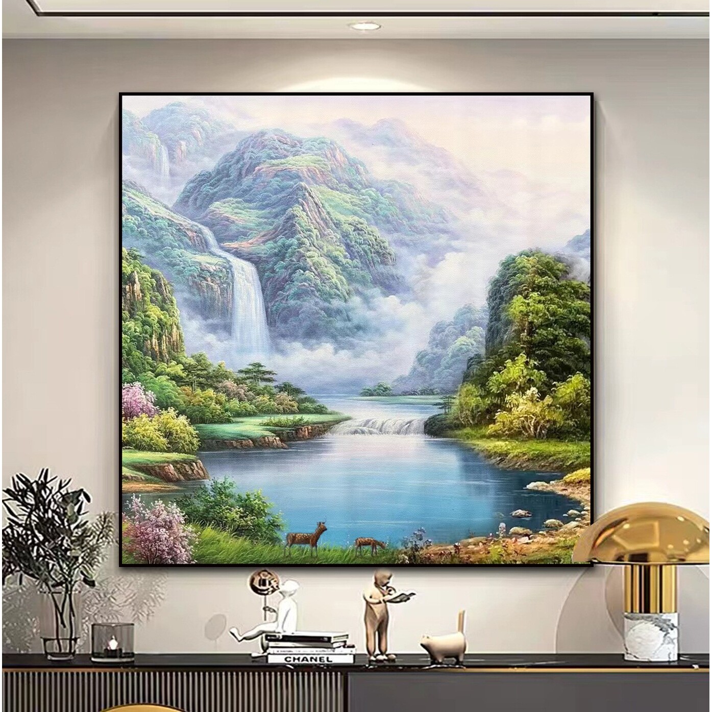 手绘油画聚财湖挂画风景装饰画酒店餐厅玄关山水画新款现代艺术
