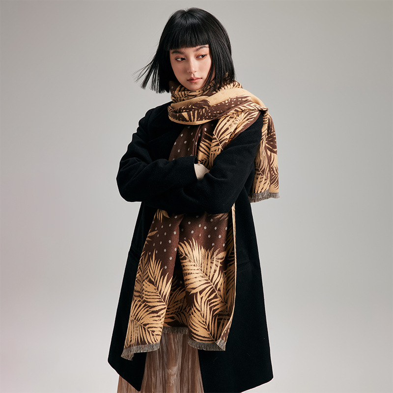 植物叶片椰树叶个性夸张潮流波点秋冬女士仿羊绒保暖围巾空调披肩