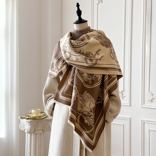 2025秋冬新款欧美马车图案仿羊绒围巾女加厚保暖披肩保暖围脖优雅
