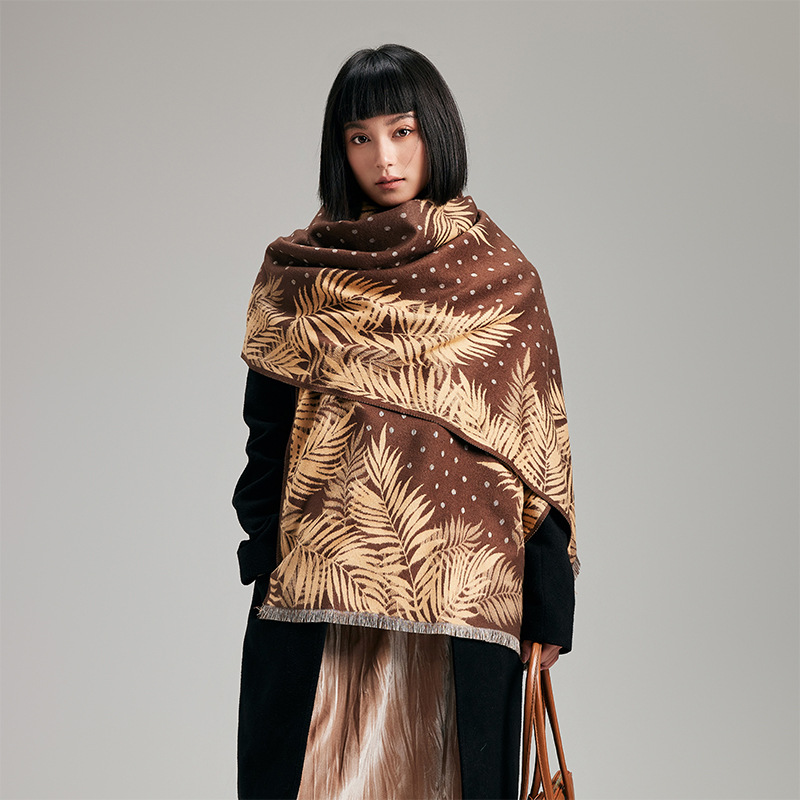植物叶片椰树叶个性夸张潮流波点秋冬女士仿羊绒保暖围巾空调披肩