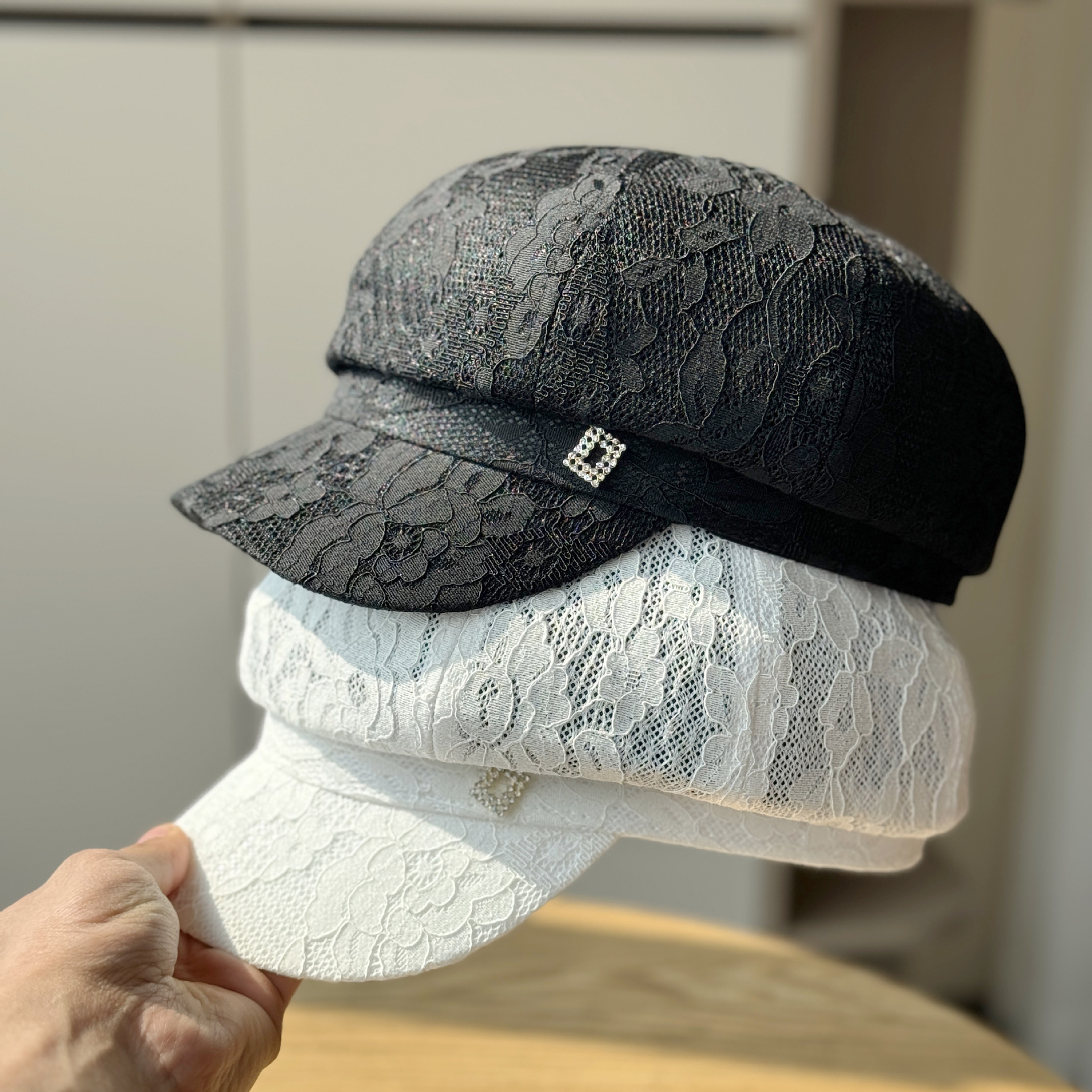 夏季女帽蕾丝时尚帽子轻薄透气网眼八角帽女士帽女孩画家帽出游潮