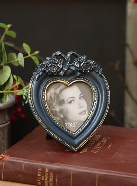 复古做旧蓝色树脂玫瑰欧式创意床头柜相框架照片摆台怀.旧装饰摆