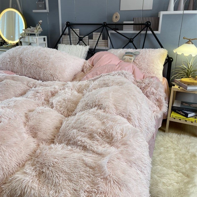 冬季加厚水貂绒床上四件套粉色珊瑚绒被套女生床单学生宿舍三件套
