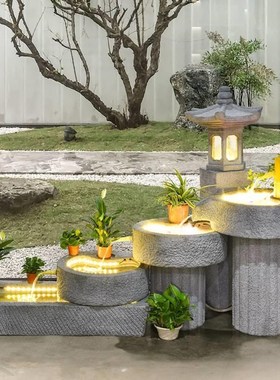 户外鱼池假山石磨循环中式石槽瀑布阳台流水喷泉庭院摆件布置造景