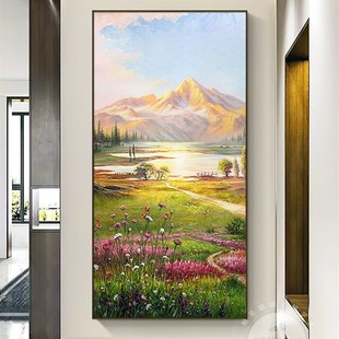 手绘风景油画金山聚宝盆装饰画玄关竖版立体壁画轻奢高山流水挂画
