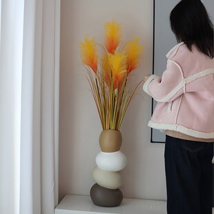 陶瓷轻奢高级感落地大花瓶摆件客厅石来运K转插花卉仿真花芦苇大