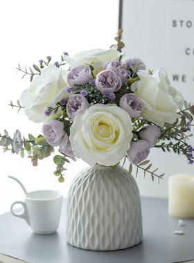 淡雅清新仿真花假花手捧花紫色简约现代客M厅室内餐桌茶几玄关摆