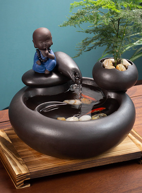 陶瓷流水器摆件灯圈桌面招财喷泉客厅办公室玄关盆栽循环水景鱼缸