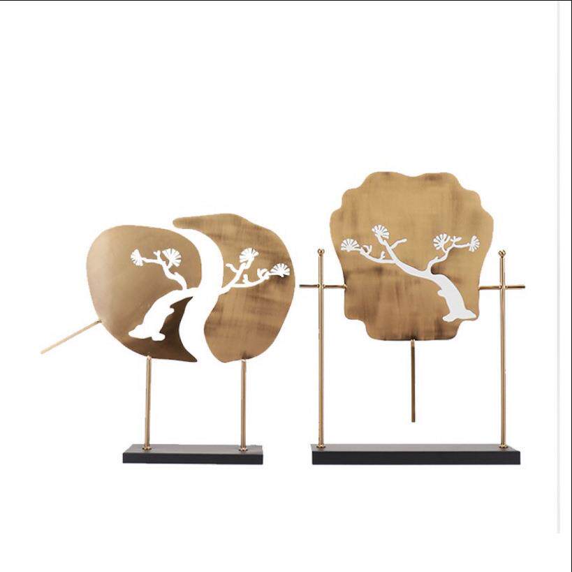 新中式金色迎客松扇子摆件样板房软装摆设博古架客厅玄关软装饰品