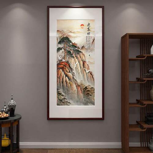 迎客松挂画入户玄关装饰画竖版过道山水画风景客厅新中式竹子壁画