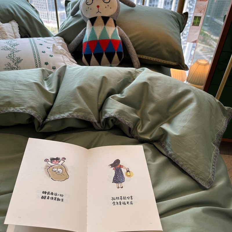 100支长绒棉绿色贡缎丝滑床上用品四件套全棉1.5m1.8米民宿三