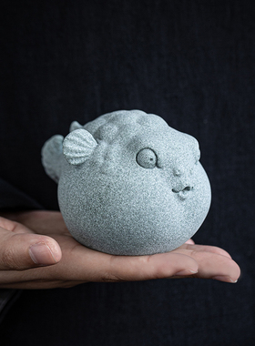 国风青砂石可爱河豚摆件动物创意客厅办公室桌面鱼缸景观装饰摆设